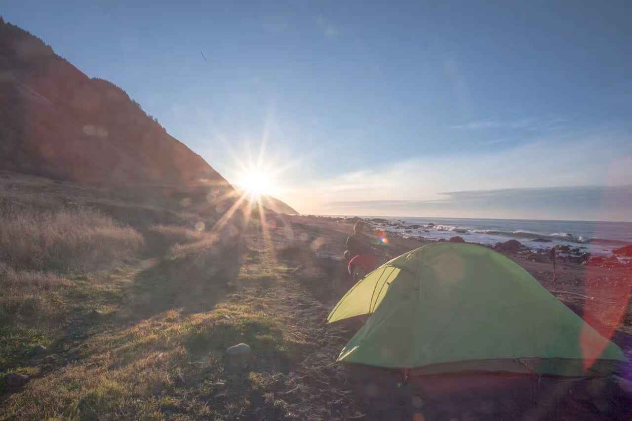 Man camping with a dog watching the sunrise next to a tent on the Lost Coast in California, showcasing outdoor adventure and dog-friendly camping.