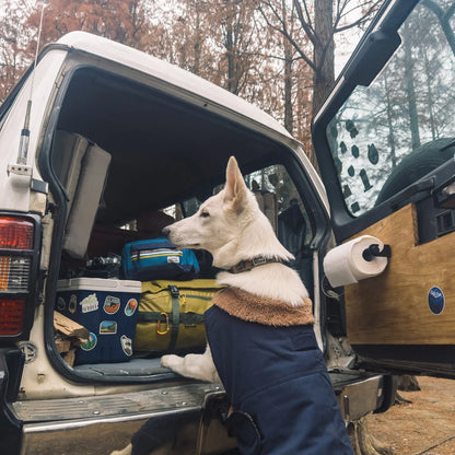 Elegante chaqueta cálida para perros con cuello forrado de borreguito, que los mantiene abrigados en caminatas y acampadas.