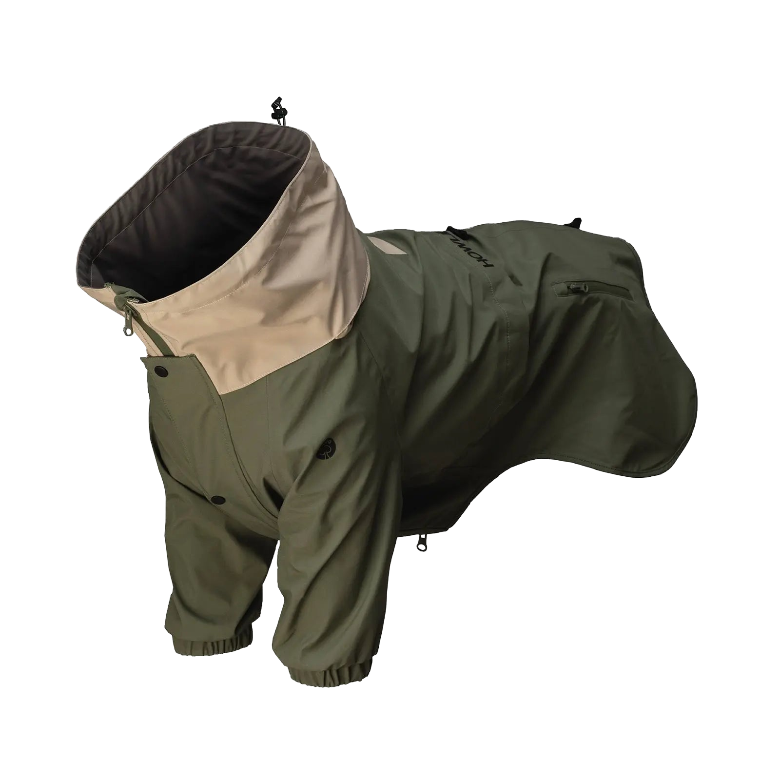 Vista a 45 grados de una chaqueta impermeable ligera y cortavientos para perros, con perneras, que ofrece cobertura completa y libertad de movimiento.