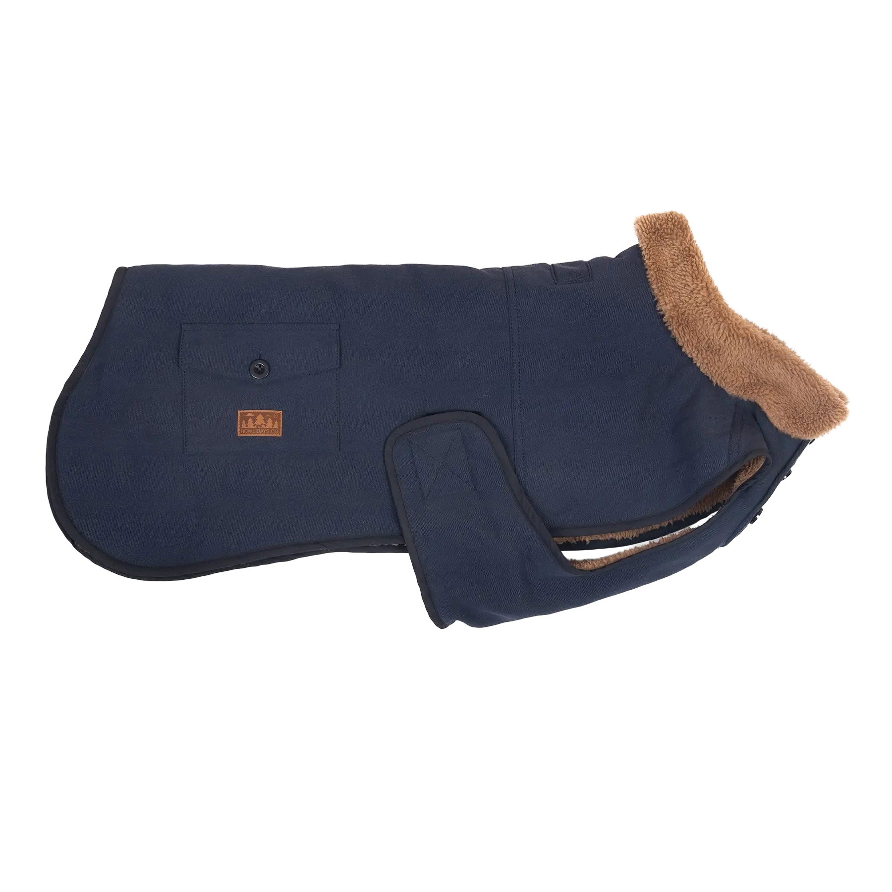 Vista lateral de una elegante chaqueta aislante para perros con cierre de velcro ajustable para un ajuste seguro y cómodo.