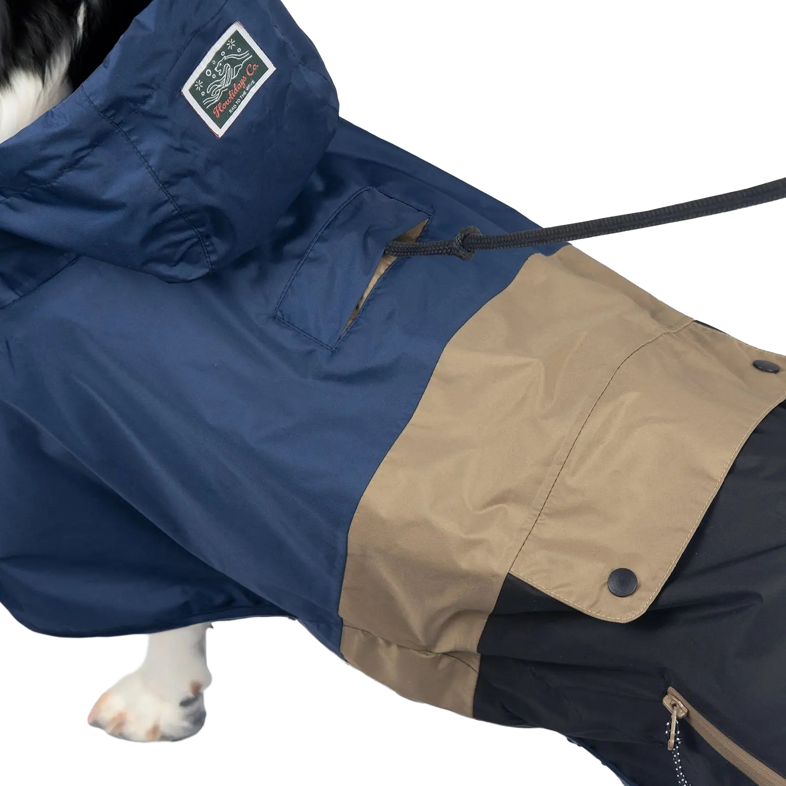 Vista trasera del impermeable para perros Baja Coastline con abertura segura para la correa, ideal para mantenerlos secos mientras llevan arnés.