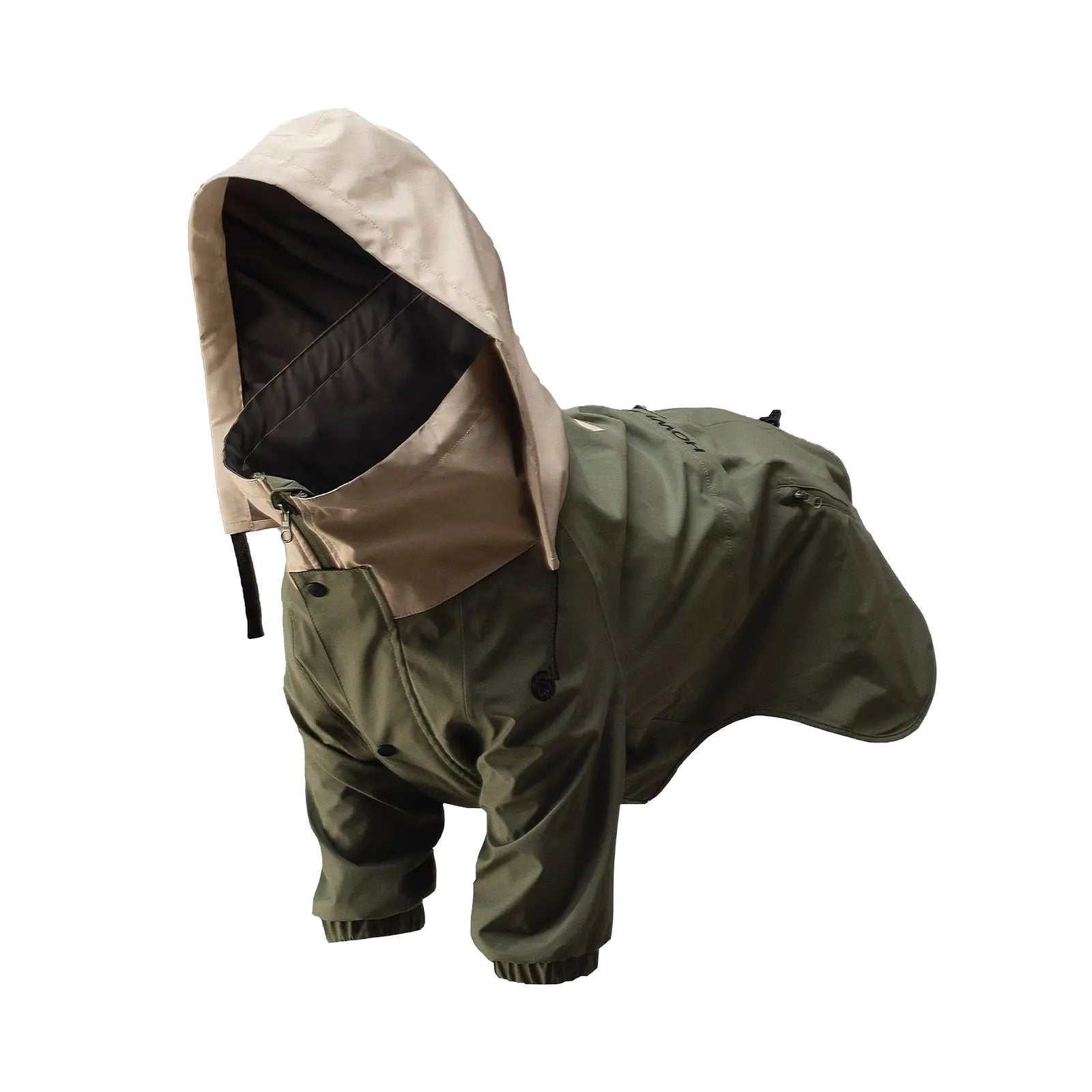 Perro con traje de lluvia de cuerpo entero y capucha, visto en ángulo, destacando la ropa impermeable y protectora para exteriores.