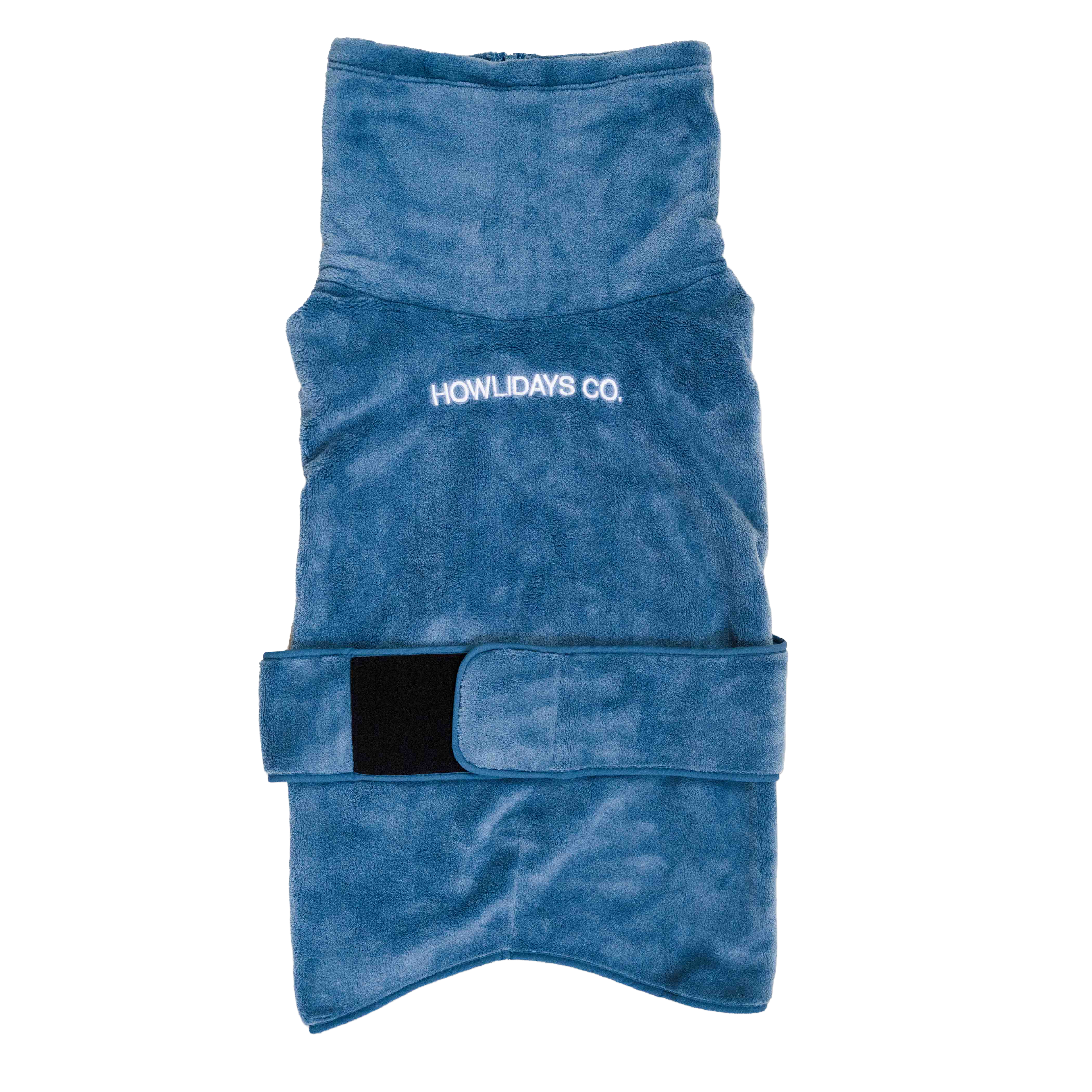 Vista trasera de un abrigo polar de aventura para perros, con cobertura posterior completa y correas ajustables para un ajuste seguro y ceñido.